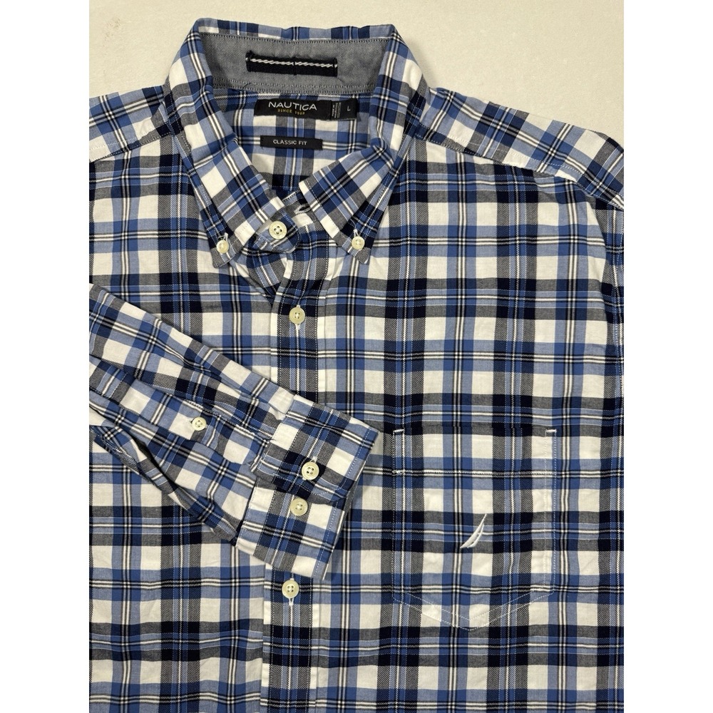 Nautica Button Down Shirt Mens Classic Fit Large Blue Plaid Long Sleeve Pocket‎